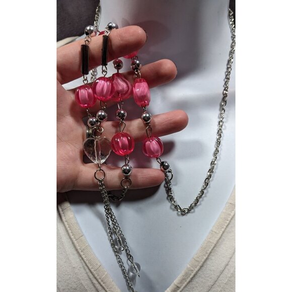 Coquette Heart Pink And Silver Tone Station Necklace With Tassel Accent - Picture 3 of 7